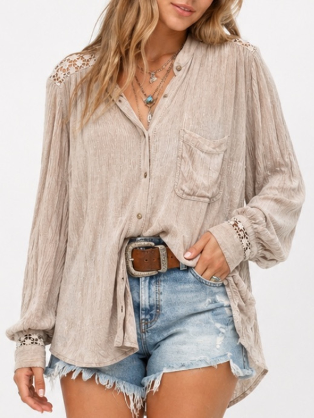 FREE PEOPLE Crochet Boho Button Up Blouse Euro Coastal Folk Cottage Layer Size M
